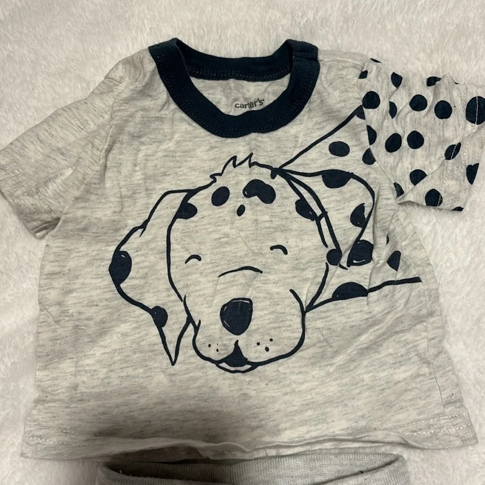 Newborn Carters baby dog shirt and pants set outfit. Gray with navy dog.